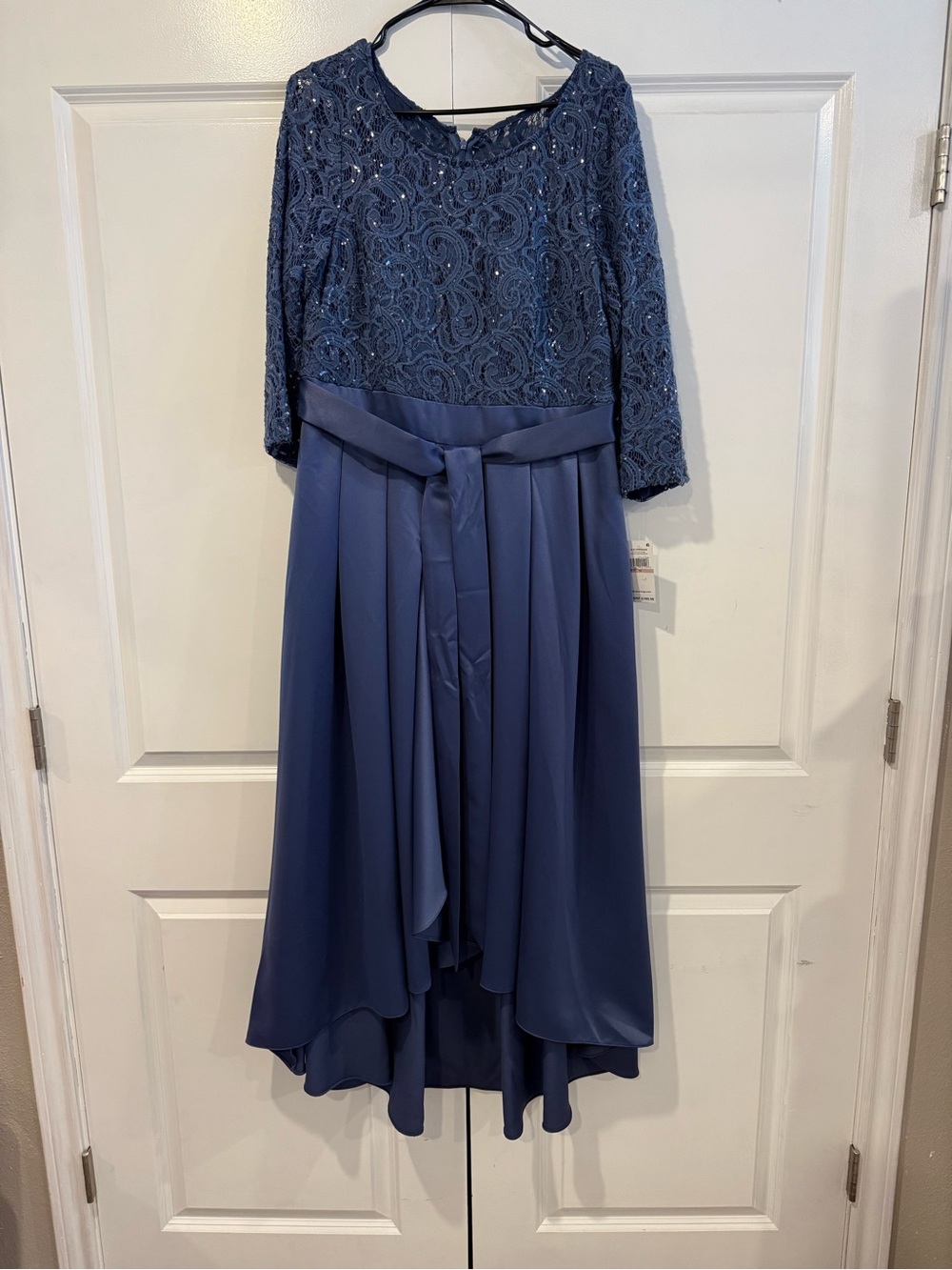 Alex Evenings Navy Lace Bodice High-Low Chiffon Dress with Sash